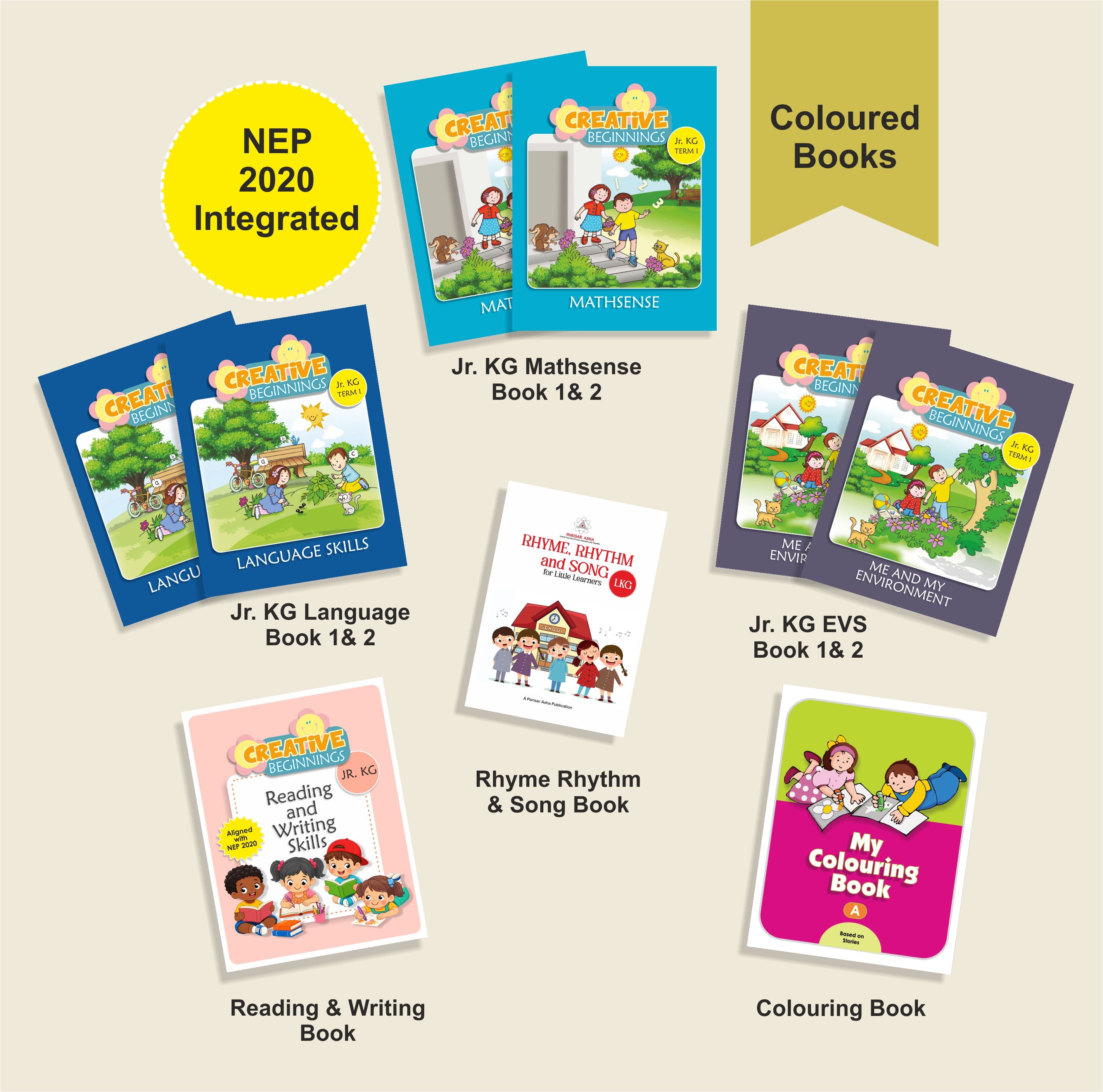 Complete Set Of Jr. KG -English (Book 1+ Book 2) +Maths ( Book 1+ Book 2) + EVS ( Book 1 + Book 2)+ Rhyme & Rhythm + Reading and Writing Book +Colouring Book-A: Creative Beginnings